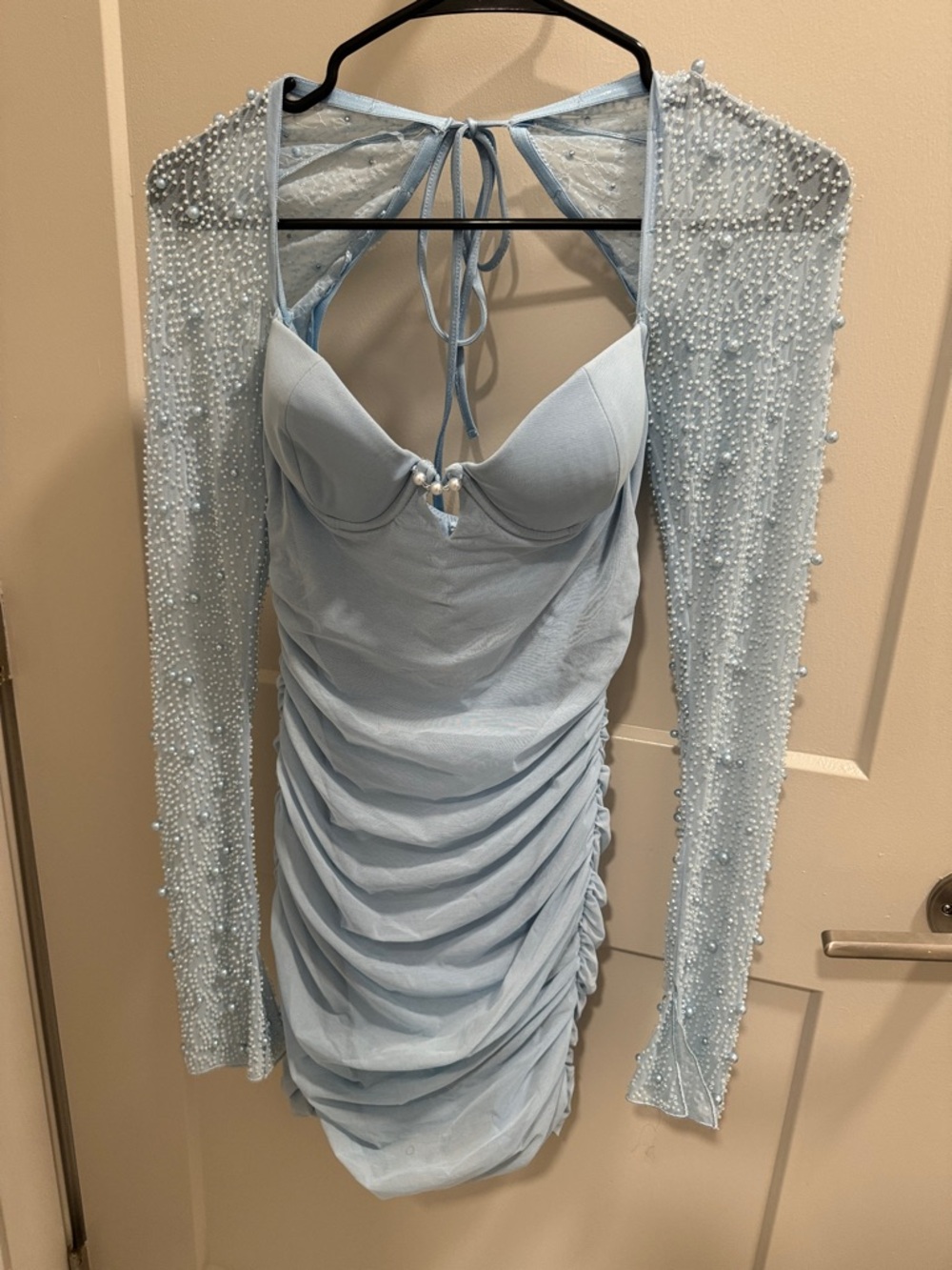 Oh Polly Light Blue Pearl-Embellished Ruched Bodycon Mini Dress
